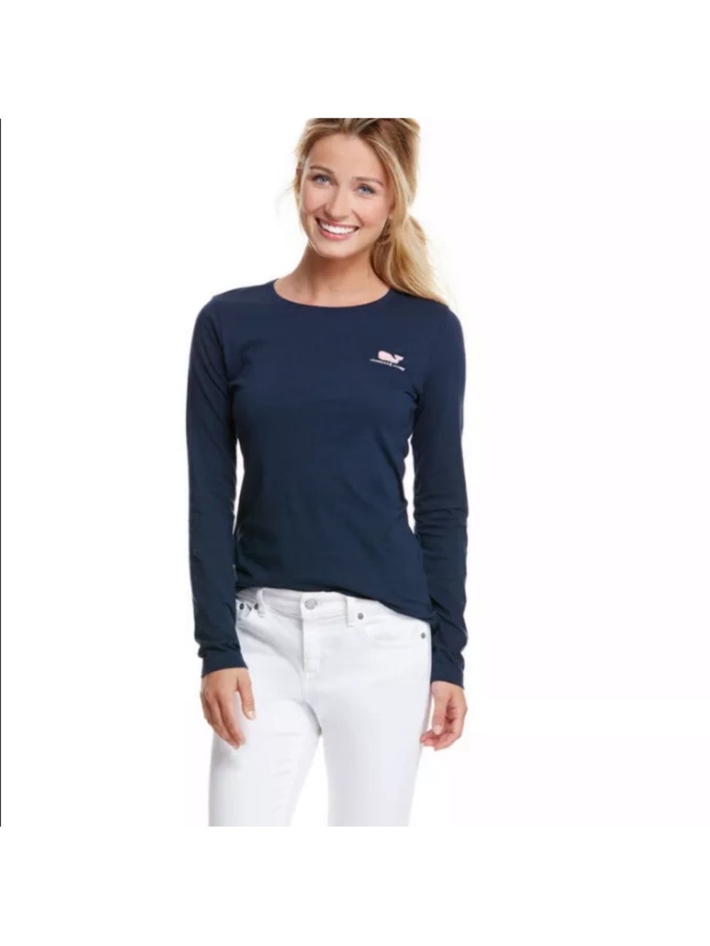 Vineyard Vines Navy Long-Sleeve Logo Tee with Pink Whale
